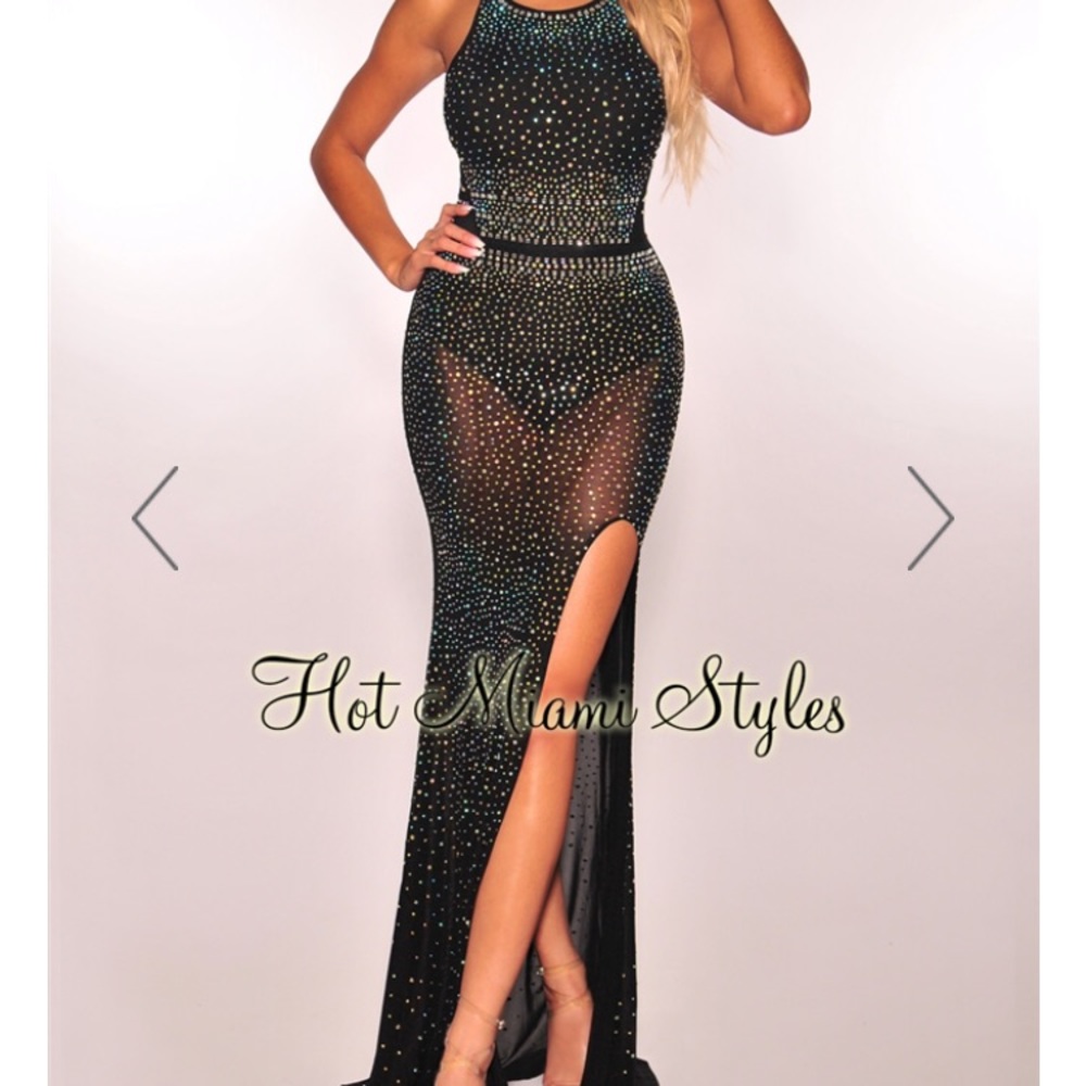 Black  Rhinestone Studded Slit Gown